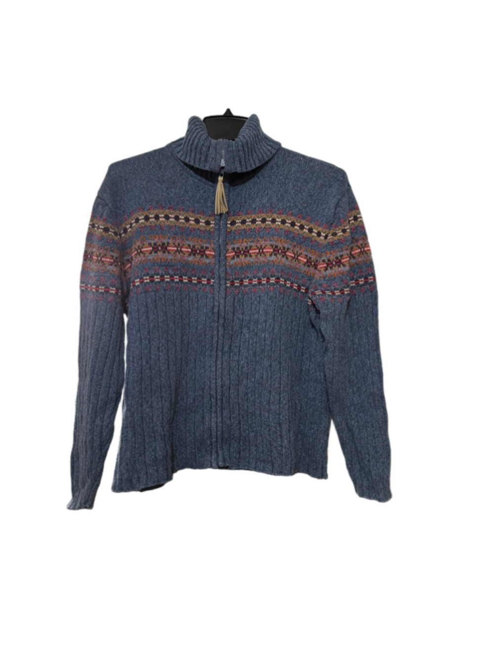 Women's Tiara International Cardigan Sweater Size L Blue Fair Isle Pattern